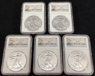 (5) 2012 GRADED MS70 SILVER EAGLES FIRST RELEASE