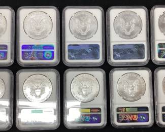 (10) 2017 SILVER AMERICAN EAGLES, EARLY RELEASE GRADED MS70 BY NGC