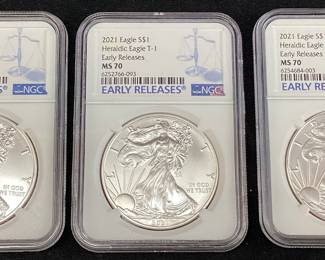 (3) 2021 GRADED MS70 SILVER EAGLES, TYPE 1 EARLY RELEASE