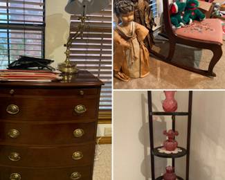 Mahogony, Oak, Maple, so many wonderful pieces of furniture all sizes and periods,  Rocking Chairs (2) Cranberry glass,  Large Paper Mache Angels etc...