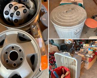 set of GM "Progressive" Wheels with lights and all hardware, box fan, lawn, SO MANY VHS you could open a Blockbuster haha, 2 animal crates medium-large, dog house! 