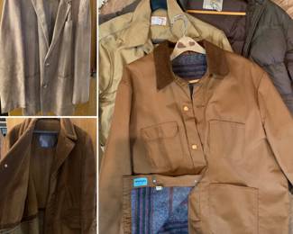 Brand clothing,  COATS, Suits, Overalls, Ski wear, Vintage brands as well as current QUALITY clothing all around mens and womens.  Most sizes are womens large-X-large and mens XL-XXL (some L)