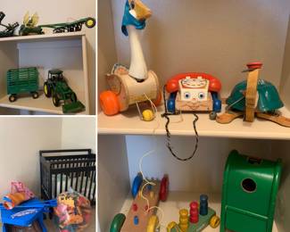 Antique, Vintage and in-between toys!  John Deere, Fisher Price etc. Crib, Table top high chair, "Chocolate Soup clothing, other children's vintage clothing.