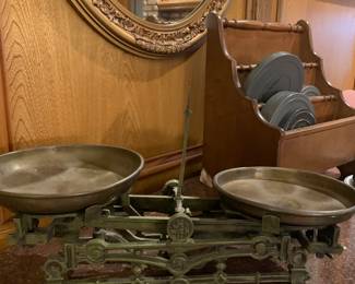 WIEN Scale GREAT shape, wood magazine/book rack, tins slides, video 8 projector, Mirror, Marble top table,  framed Navajo art