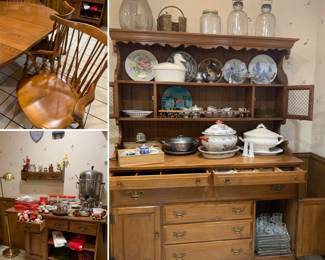 Wonderful display/storage piece,  Table with 6 chairs (2 captain), serving cart ALL  SOLID Maple...so much glass wear collectible, AMAZING stuff!!!