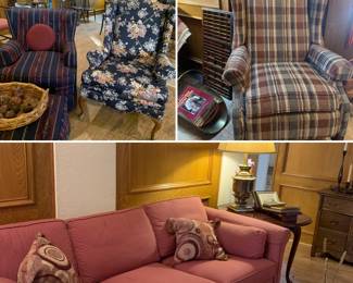 Sofas and Chairs most Ethan Allen!  Printers tray, Copper, Brass, Wicker, fireplace set, drop leaf coffee table, several drop leave end tables...