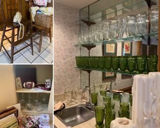 Child high chair, small prints and picts framed and loose, sculpted candles, Fostoria stem wear, sundae cups, neat goblets in bar area and other fun equipment...