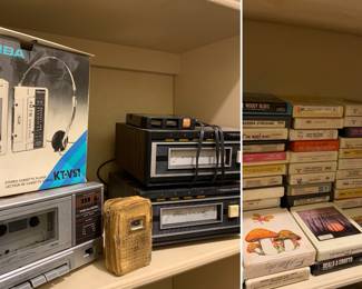 Cassette players, 8-Track players, transistor radio,  all sorts of cords and electrical, dozens of 8-track tapes etc.