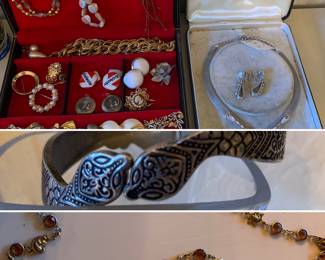 Jewelry, political buttons, unique double snake bracelet and art nouveau necklace, crystals, abalone, Witting Davis and other marked jewelry...