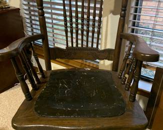 Pressed back arm chair w/leather seat.  