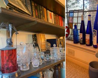Cranberry serving pieces, Crystal cut, pressed, etched etc.  Blue bottles, STAINED GLASS pieces...