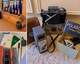 dominoes, camera equipment:  Video 8, Flash gun, Polaroid, video equipment also, reel to reels in plastic and tins, negatives, slides, slide cases etc...