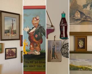 Coca-Cola thermometer, art, tins, wood art etc.