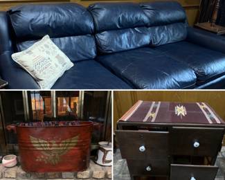 Copper buckets, antique library card file chest, Navy leather sofa, tons of pillows