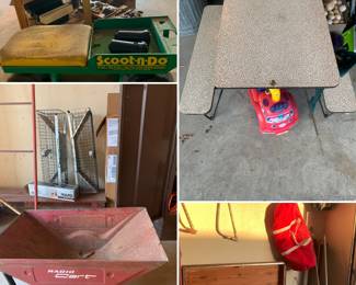 Radio Cart, Scoot-N-Do, Childs picnic table, cedar chest with many treasures.  Traps, golf balls, one golf club, may misc. items, 2 metal ladders.  Also,  there is an Antique satin wedding dress yet to display, Antique little league baseball jerseys and hats yet to display!!!  