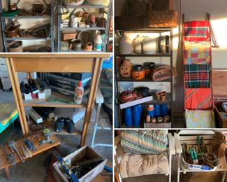 Garage full of shelving for sale, all items on shelving, Storage cabinets, carts, lawn chairs, tools, baskets, the garage is a treasure trove!!!