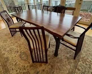 Contemporary Large Solid Wood Dining Table with 6 White Upholstered Dining Chairs