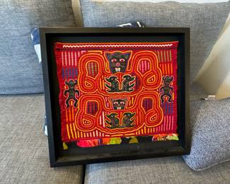 Framed Indian Mola Needlework with Cat Design