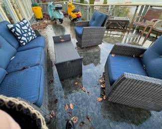 Faux Wicker Outdoor Patio Furniture with Blue Pads - Two Chairs and Sofa