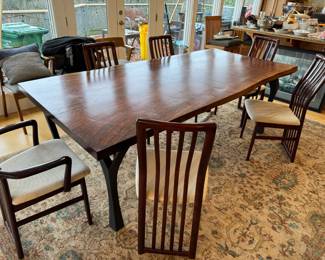 Contemporary Large Solid Wood Dining Table with 6 White Upholstered Dining Chairs