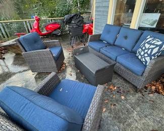 Faux Wicker Outdoor Patio Furniture with Blue Pads - Two Chairs and Sofa