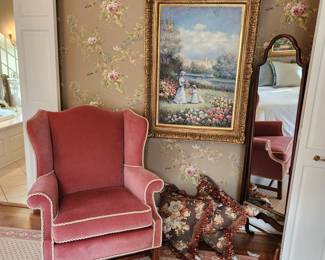 Velvet Wing Back Chair and Standing Floor Mirror