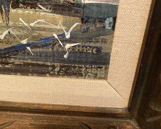 Framed and Signed Oil Painting Of Ship in Harbor