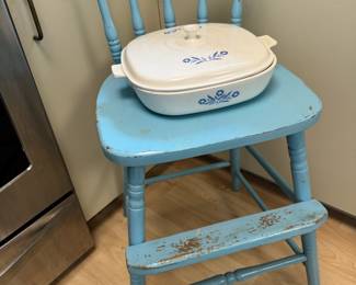 Blue Painted Antique High Chair, Corning Ware Blue Cornflower Casserole Dish with Ceramic Lid