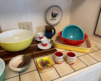 Pyrex Primary Yellow Mixing Bowl, Turquoise Speckled Mixing Bowl, Pair of Starbucks Collector Series Shanghai & China Espresso Mugs, Pair of Franck Espresso Cups & Saucers
