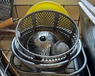 Assortment of Fry Baskets, Colanders, Stainless Steel Mixing Bowls
