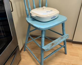 Blue Painted Antique High Chair, Corning Ware Blue Cornflower Casserole Dish with Ceramic Lid