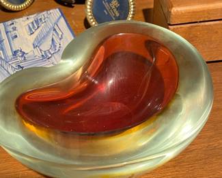 Red/Clear Blown Glass Kidney Shaped Bowl