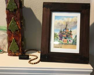 Contemporary Russian Painting of Orthodox Cathedral, Brown Painted Pottery Square Vase with Evergreen Tree Design