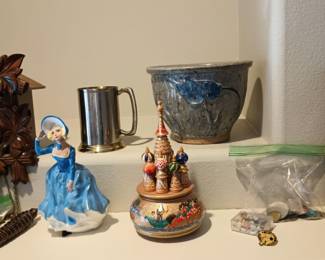 8-Day German Cuckoo Clock, Hand Carved/Painted Moscow Music Box, Holland Southern Belle Figurine with Blue/White Dress, Blue/Gray Pottery Planter