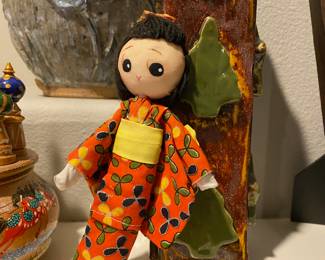 Japanese Miniature Cloth Doll with Orange Kimono