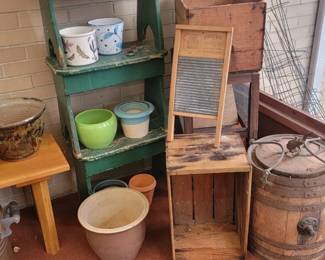 Wood Crates, Potter, Barrel, Wash Board, Wood Bench, Copper Kettle