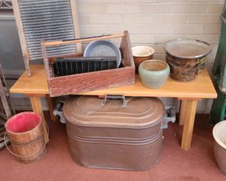 Wood Crates, Pottery, Barrel, Wood Bench, Copper Kettle