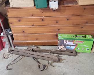 Wood Chest, Gas Can, Heater, Air Pump, Part of a Scale