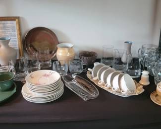 Pottery Vases, Glassware, MCM Dish
