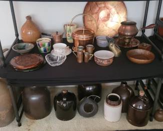 Several Crock, Pottery, Jugs, Copper Items, Glass Trivets