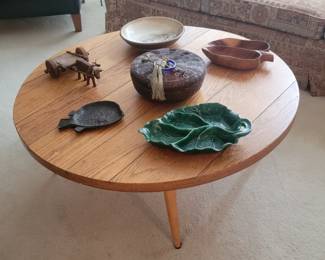 Oak Round Coffee Table, Potter, Cast Iron Fish, Bowls, Basket