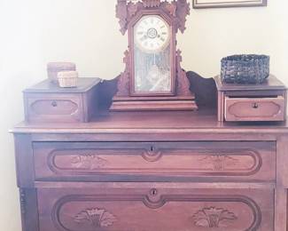 Wood Mantel Clock, Victorian Eastlake Dresser, Framed Art