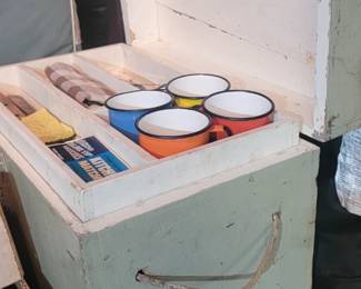 Wood Picnic, Camping Box with Dishes, Pans, Supplies