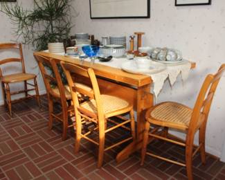 Dining Table & 4 Caned Chairs & Denby China