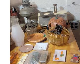 Radio, Oil Lamp, Chimney, Glass Pumpkin