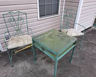 2 Vintage Iron Patio Chairs and End Table