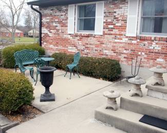 5 pc. Cast Iron Garden Set (Bench, Table & 3 Chairs), Concrete Pagodas