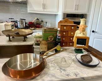 Copper pans made in France and other vintage kitchen decor