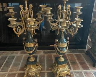 Pair of Italian Brevettato  Style Italian Candelabras Brass/Green/Cherubs
