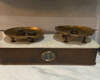 Antique Scale Brass, Marble and Wood with Weights